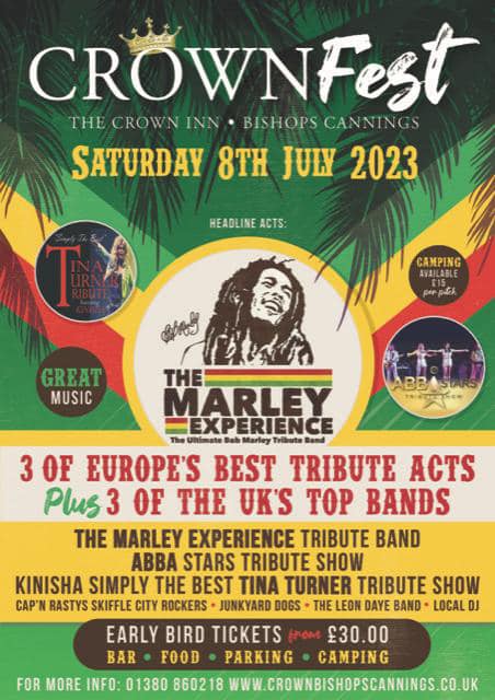 CrownFest 2023: The Marley Experience + Kinisha - Simply The Best + ABBA All Star's UK + Cap'n Rasty's Skiffle City Rockers + The Leon Daye Band + Junkyard Dogs