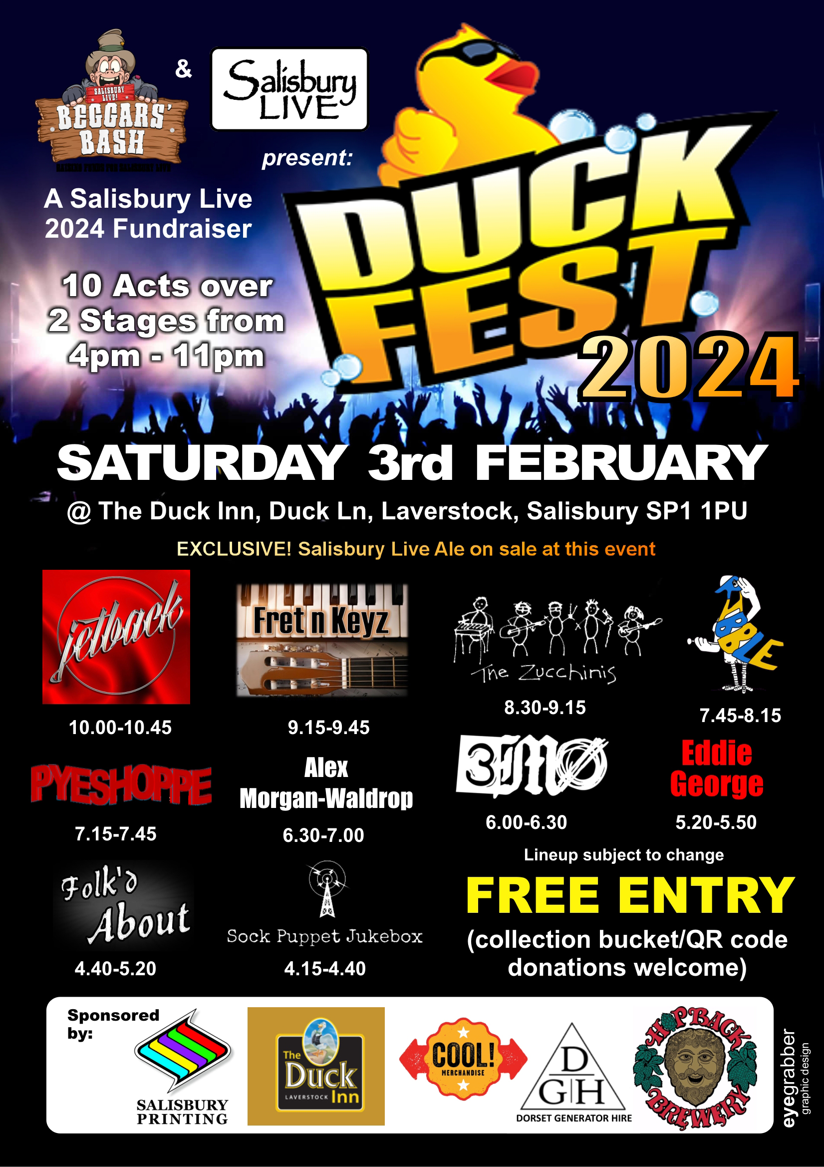 Duck Fest 2024 - Beggars Bash - Salisbury Live Fundraiser: Jetback + Fret N Keyz + The Zucchinis + Ribble + Ker-Punk + 3MO + Eddie George + Folk'd About + Sock Puppet Jukebox