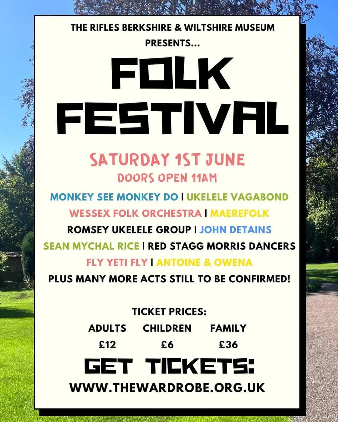 Folk Festival: Monkey See Monkey Do + Ukulele Vagabond + Wessex Folk Orchestra + Maerefolk + Romsey Ukulele Group + John Detains + Sean Mychal Rice + Red Stagg Morris Dancers + Fly Yeti Fly + Antoine & Owena