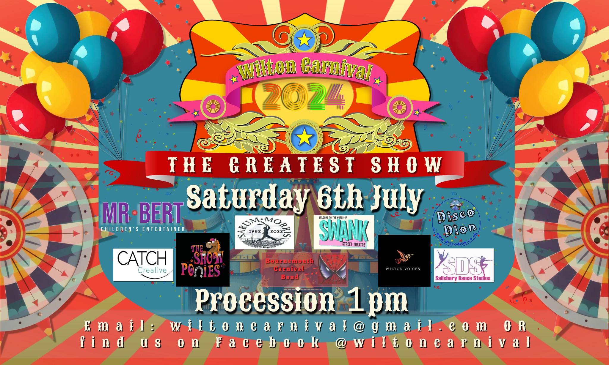 Wilton Carnival 2024: The ShowPonies + Disco Dion + Wilton Voices + Mr Bert + SWANK Street Theatre + Catch Creative + Sarum Morris + Salisbury Dance Studios + Spidermen Bournemouth Carnival Band
