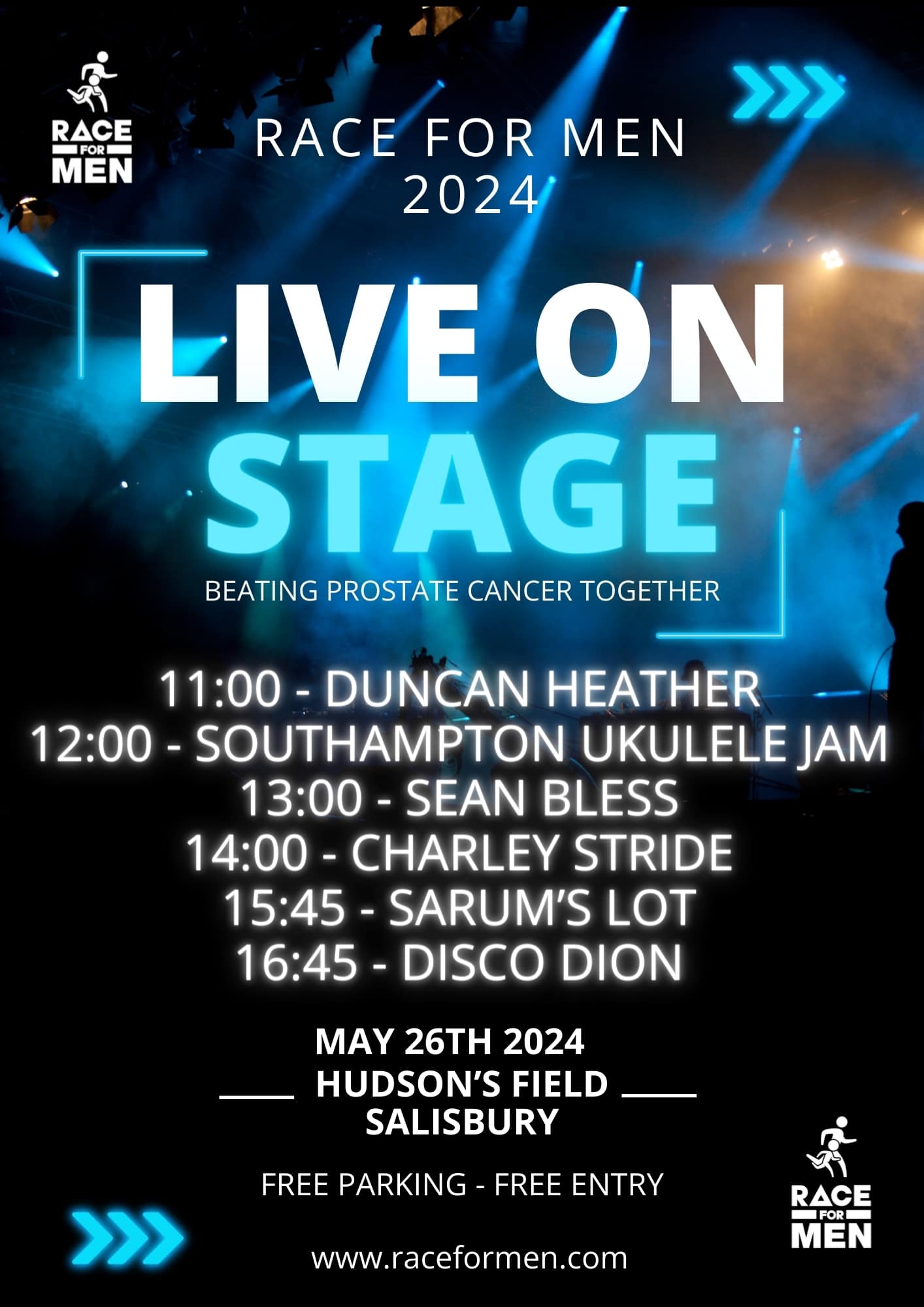 Race For Men 2024: Duncan Heather + Southampton Ukulele Jam + Sean Bless + Charley Stride + Sarum's Lot + Disco Dion