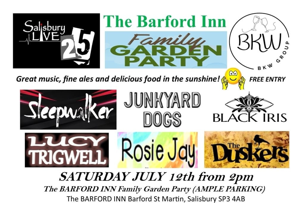 Salisbury Live: Barford Inn Family Garden Party with Sleepwalker + Junkyard Dogs + Black Iris + Lucy Trigwell + Rosie Jay + The Duskers Salisbury Live: Barford Inn Family Garden Party with Sleepwalker + Junkyard Dogs + Black Iris + Lucy Trigwell + Rosie Jay + The Duskers