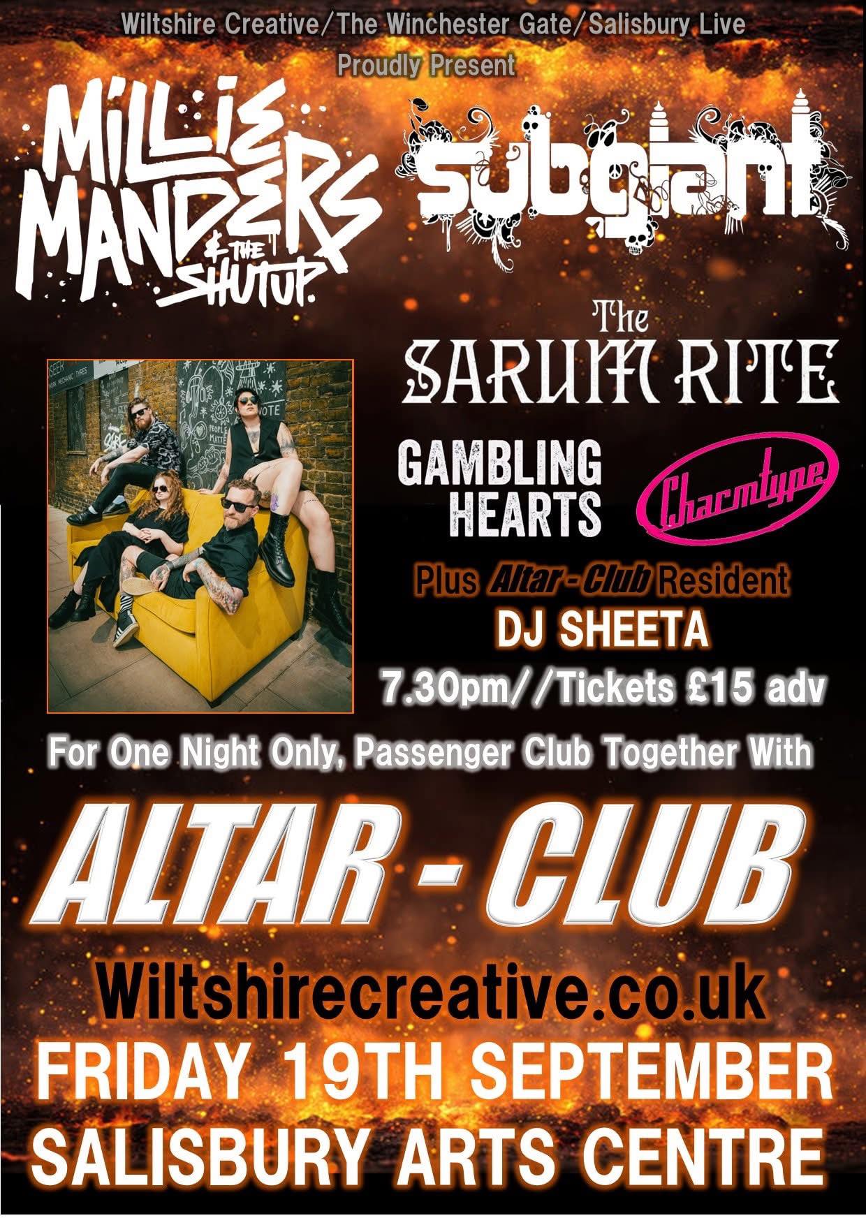 Passenger Club and Altar Club Return: Millie Manders & The Shutup + Subgiant + The Sarum Rite + Gambling Hearts + Charmtype + DJ Sheeta