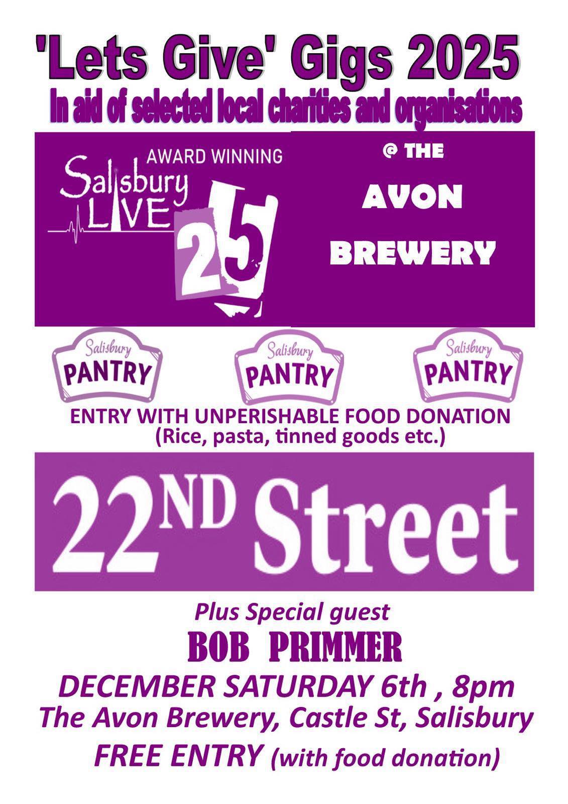 Salisbury Live 'Lets Give' Gigs 2025: 22nd Street plus guest Bob Primmer