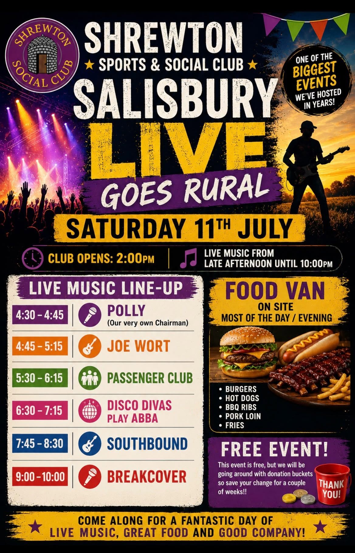 Salisbury Live Goes Rural: BREAK COVER + Southbound + Disco Divas Play ABBA + Passenger Club + Joe Wort + Polly