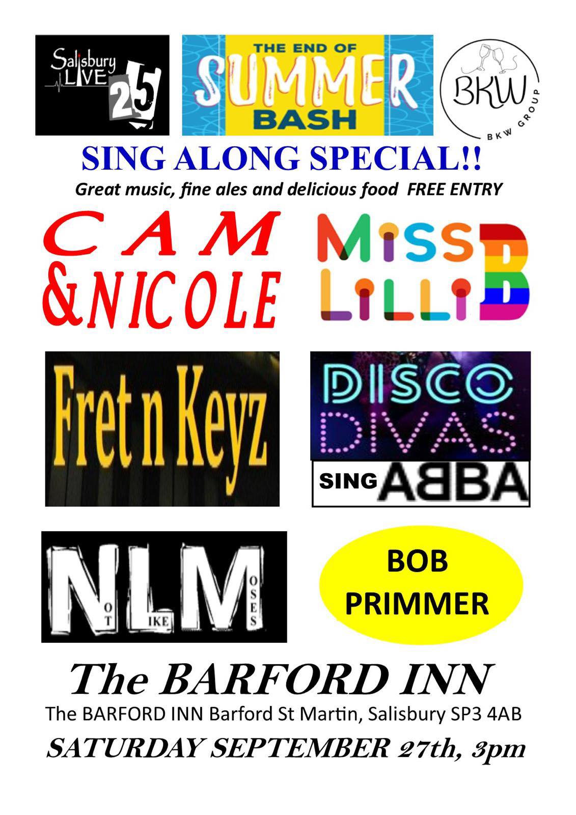 Salisbury Live: The End of Summer Bash - Cam & Nicole + Miss LilliB + Fret n Keyz + Disco Divas + NLM + Bob Primmer